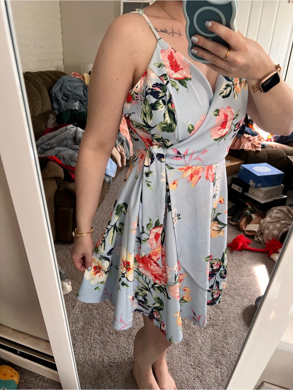 Francesca's Collections Light Blue Floral Wrap Mini Dress